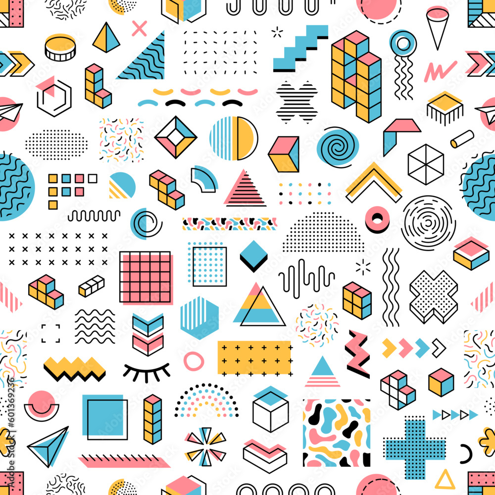 Poster memphis geometric outline shapes seamless pattern. abstract line art elements fabric print, textile 