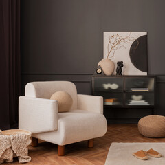 Living room interior with white armchair, beige modular sofa, black coffee table, rug, pillows, slippers, vase with dried flowers, dark wall, lamp and personal accessories. Home decor. Template.