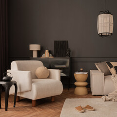 Living room interior with white armchair, beige modular sofa, black coffee table, rug, pillows,...