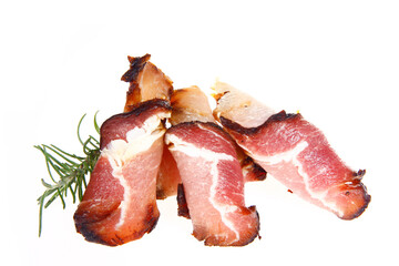 Smoked bacon slices, isolated on white background
