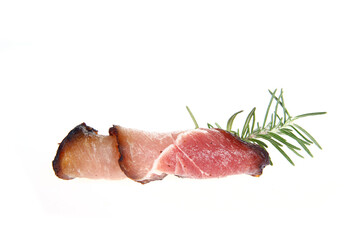 Smoked bacon slices, isolated on white background