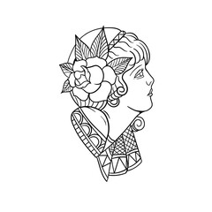 Hand drawn illustration of beautiful girl traditional tattoo outline
