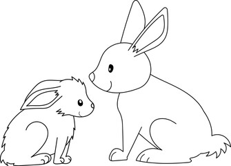 Mother and baby rabbit. Coloring page for kids. Cartoon illustration for children isolated on white background.