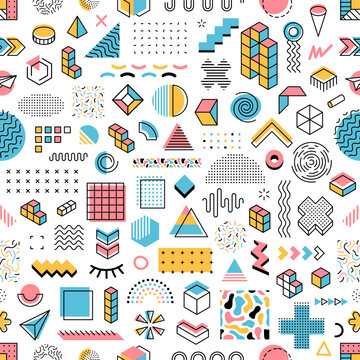 Memphis geometric outline shapes seamless pattern. Abstract line art elements fabric print, textile background or wallpaper vector backdrop with colorful Memphis doodles or minimalistic shapes pattern