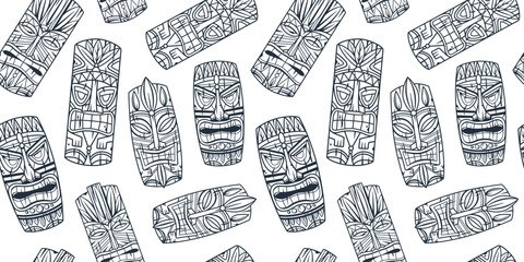 Wooden tiki mask seamless pattern or hawaii surfing background for tiki bar. Traditional ethnic idol and hawaiian surf, maori or polynesian. Design old tribal totem.