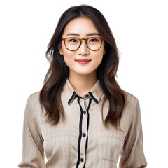 Portrait of an attractive, young, asian woman wearing eyeglasses and shirt. Isolated on transparent background, no background. - obrazy, fototapety, plakaty