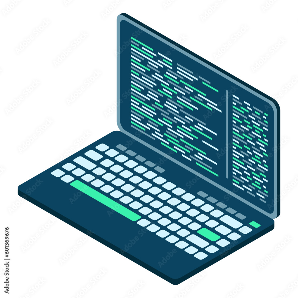 Aufkleber isometric laptop. 3d isometric laptop computer. abstract programming language and program code on a 