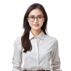 Portrait of an attractive, young, asian woman wearing eyeglasses and shirt. Isolated on transparent background, no background.