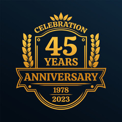 45 years anniversary icon or logo. Vintage birthday banner design. 45th anniversary jubilee celebration badge or label. Vector illustration.