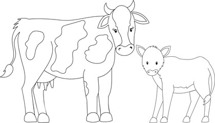 Mother and baby cow.. Coloring page for kids. Cartoon illustration for children isolated on white background.