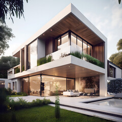 Modern house made with wood and steel with large panoramic windows. AI Generated. Generative AI