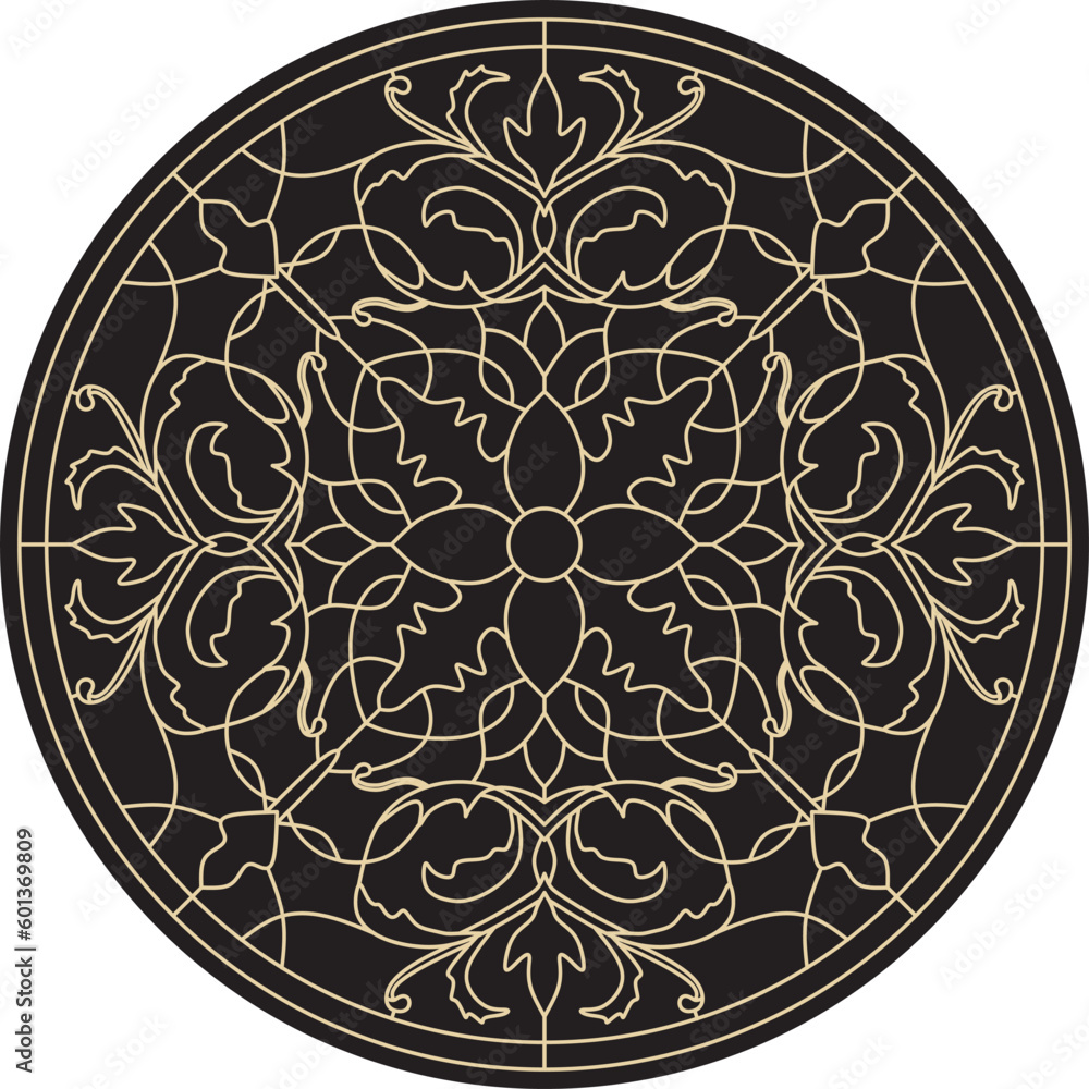 Wall mural Vector round golden classic ornament. A circle with a europe gold pattern on the black background. Ceiling decoration, ancient Rome, Greece