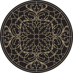 Vector round golden classic ornament. A circle with a europe gold pattern on the black background. Ceiling decoration, ancient Rome, Greece