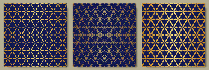 Set of Luxury seamless gold hexagon pattern with blue background, flower like shape repeat tile for print.