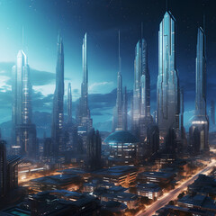 Futuristic cityscape with fantastic skyscrapers, towers, tall buildings. Sci-fi metropolis town. AI Generated. Generative AI