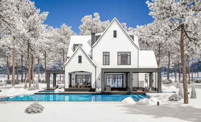 3d rendering of cute cozy white and black modern Tudor style house with parking  and pool for sale or rent with beautiful landscaping. Fairy roofs. Cool winter day with shiny white snow.