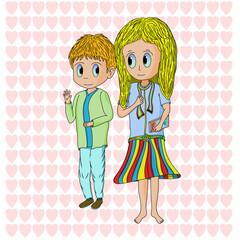 boy and girl in love with hearts in the background