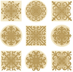 Vector set ofgolden signs Kazakh national ornament. Ethnic pattern of the peoples of the Great Steppe, Mongols, Kyrgyz, Kalmyks, .Buryats. circle, frame border.