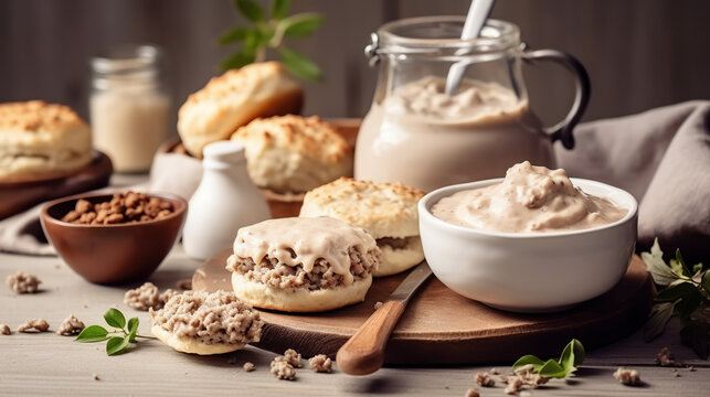 Drop Biscuits and Sausage Gravy, traditional breakfast,  ai illustration 