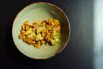 A plate with a vegetarian seasonal lunch. Wild mushrooms chanterelles, fried in vegetable oil with boiled potatoes and fresh dill and parsley