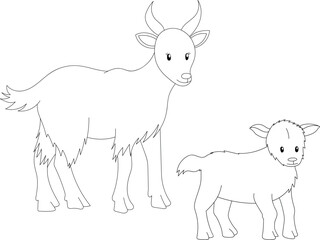 Mother and baby goat. Coloring page for kids. Cartoon illustration for children isolated on white background.