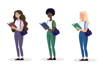 Educational concept, young woman standing with book. Flat cartoon style illustration. Web page banner