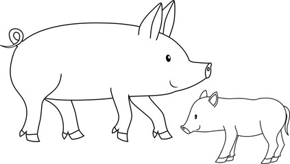 Mother and baby pig. Coloring page for kids. Cartoon illustration for children isolated on white background.