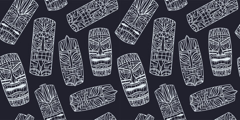 Wooden tiki mask seamless pattern or hawaii surfing background for tiki bar. Traditional ethnic idol and hawaiian surf, maori or polynesian. Design old tribal totem. - obrazy, fototapety, plakaty