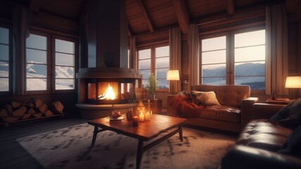Modern cozy living room in a chalet with large windows and stunning views of the mountains at sunrise or sunset. A burning fireplace, soft sofas, cozy atmosphere. Generative AI