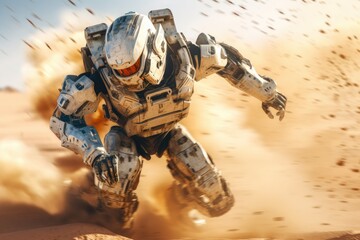 Dynamic Sci-Fi Robot Cyborg in Action Pose in the Sunny Desert - Generative AI Illustration