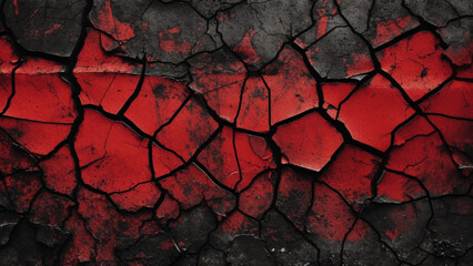 Black blood red grunge or horror background. Old rough concrete distressed texture. The wall of the building with cracks. Close - up. Crushed broken damaged surface. Creepy spooky halloween concept.