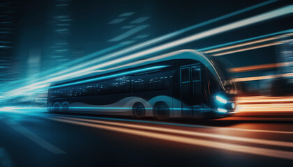 Plakat Ai generated illustration of blue futuristic taxi buses on the road, driving in the futuristic city night view