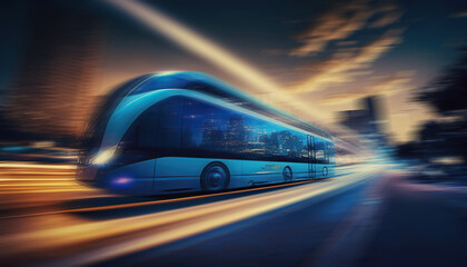 Obraz na płótnie Canvas Ai generated illustration of blue futuristic taxi buses on the road, driving in the futuristic city night view