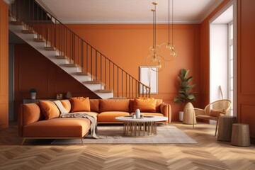 Modern living room with comfortable sofas, pastel colored walls, large windows and stairs to the second floor. The walls and furniture are in orange tones, which are the main color of Generative AI