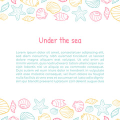 Square banner or poster with hand drawn seashells above and below, sketch vector illustration. banner or leaflet layout for fish restaurant and seafood market.