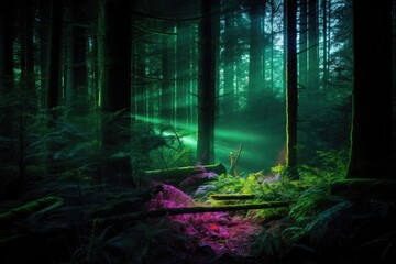 Naklejka premium Majestic Forest with Neon Vibes - Generative AI Illustration