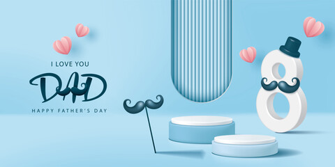 Father's day banner for product demonstration. Blue pedestal or podium with mustache and flying hearts on blue background.