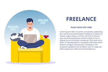 The concept of working at home. A freelancer working at home with a cat. The concept of remote work or work at home. Vector web banner with text