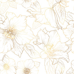 Floral spring seamless pattern. Anemone wildflowers sakura bloom blossom leaves. Gold shiny outline white background. Vector illustration for fashion, textile, fabric, decoration. - 601372016