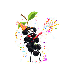 Cartoon bird cherry character, birthday holiday. Cheerful healthy berry personage shoot petard on celebratory gathering. Funny fruit in festive cap having good time with party decorations and confetti