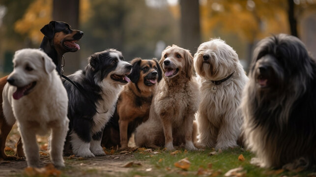 A group of dogs of different breeds and sizes resting together in a park. Generative AI