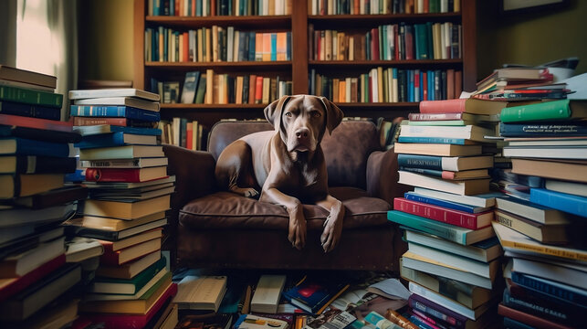 A image of a dog sitting on a couch, surrounded by books and magazines. Generative AI
