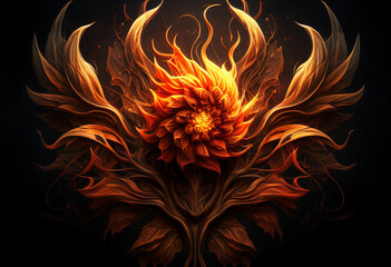 Fire flower on a black background. AI Generated