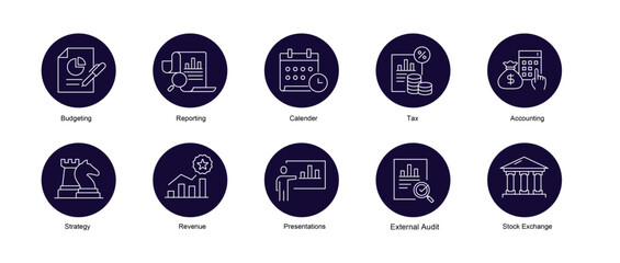 Fiscal Year Vector Icons. Financial Reporting and Budgeting Icons. Editable Stroke.