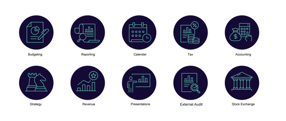 Fiscal Year Vector Icons. Financial Reporting and Budgeting Icons.  Budget Management and Forecasting Icons. Corporate Finance and Investment Icons. Editable Stroke.