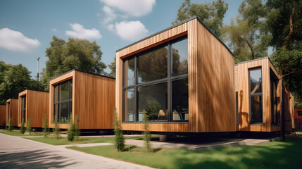 Modular house made with wood with large panoramic windows. Mobile eco-friendly space for living and tourism. AI Generated. Generative AI