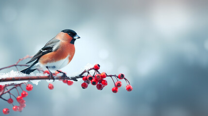 Fototapeta premium Cute bullfinch bird sits on twig with red rowan berries, Christmas greeting card, AI generative illustration, copy-space