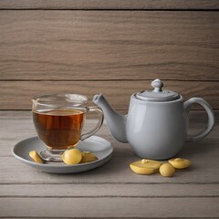 "Experience the natural elegance of tea time with our cozy Grey Cup and Teapot Banner. Enjoy the intimate details of a hand pouring herbal tea into a pot on a saucer, surrounded by soft colors .