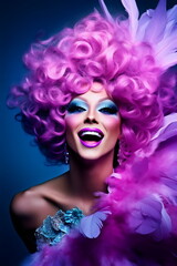 Fototapeta premium portrait of a happy drag queen with purple feathers and wig isolated on blue, made with generative ai 
