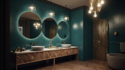 Luxurious Art Deco bathroom, emerald green walls, marble sinks, gold-framed mirrors, freestanding bathtub. Modern classic interior. Generative AI